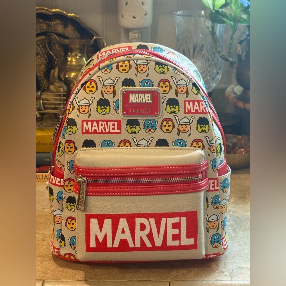 Loungefly Marvel Cream and Red Kids Mini Backpack with Character Faces NWT